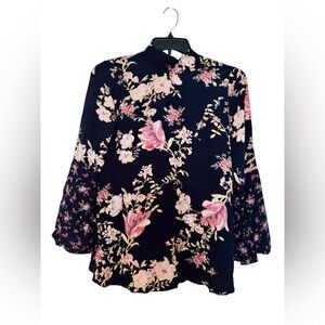 Love, Fire Floral Tie Neck Blouse Bell Sleeve Navy Size S